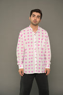 Pink Polka Dot Mandarin Collared Cotton Shirt