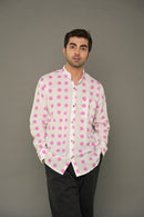Pink Polka Dot Mandarin Collared Cotton Shirt