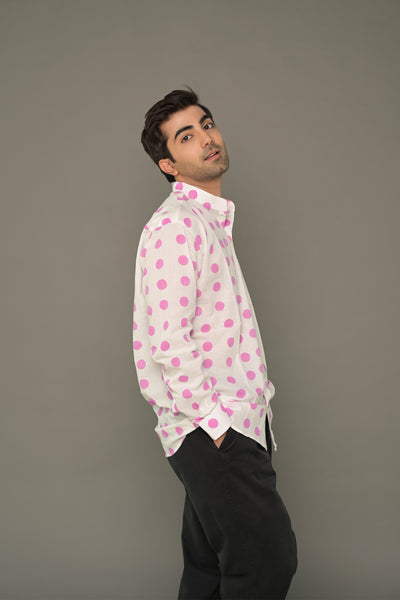 Pink Polka Dot Mandarin Collared Cotton Shirt