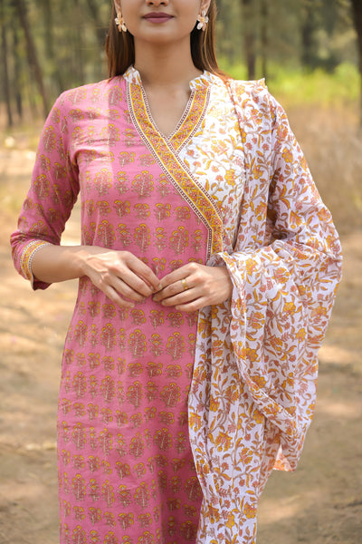 Pink & White 'Wishful' Cotton Kurta Set with Dupatta