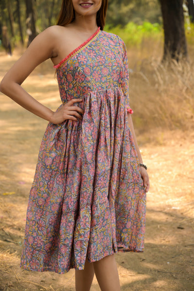 Grey 'Glorious' Printed Chanderi Dress