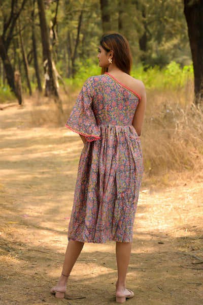 Grey 'Glorious' Printed Chanderi Dress