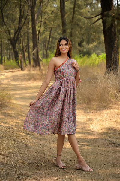 Grey 'Glorious' Printed Chanderi Dress