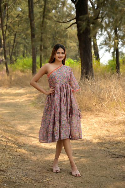 Grey 'Glorious' Printed Chanderi Dress