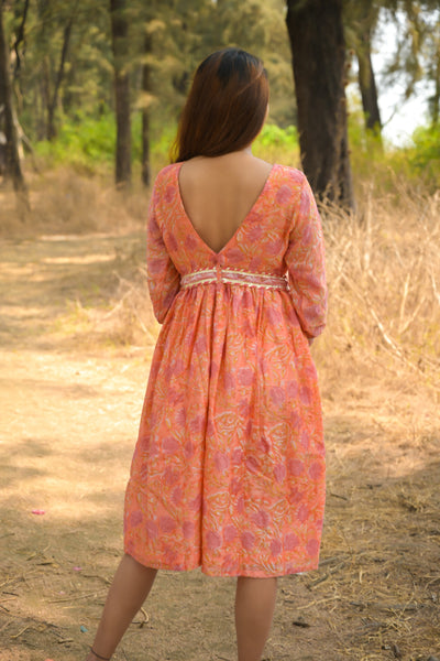 Peach 'Playful' Floral Chanderi Dress
