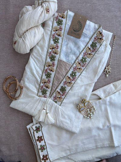 White Basant Hand Embroidered Kurta Set(3pc)