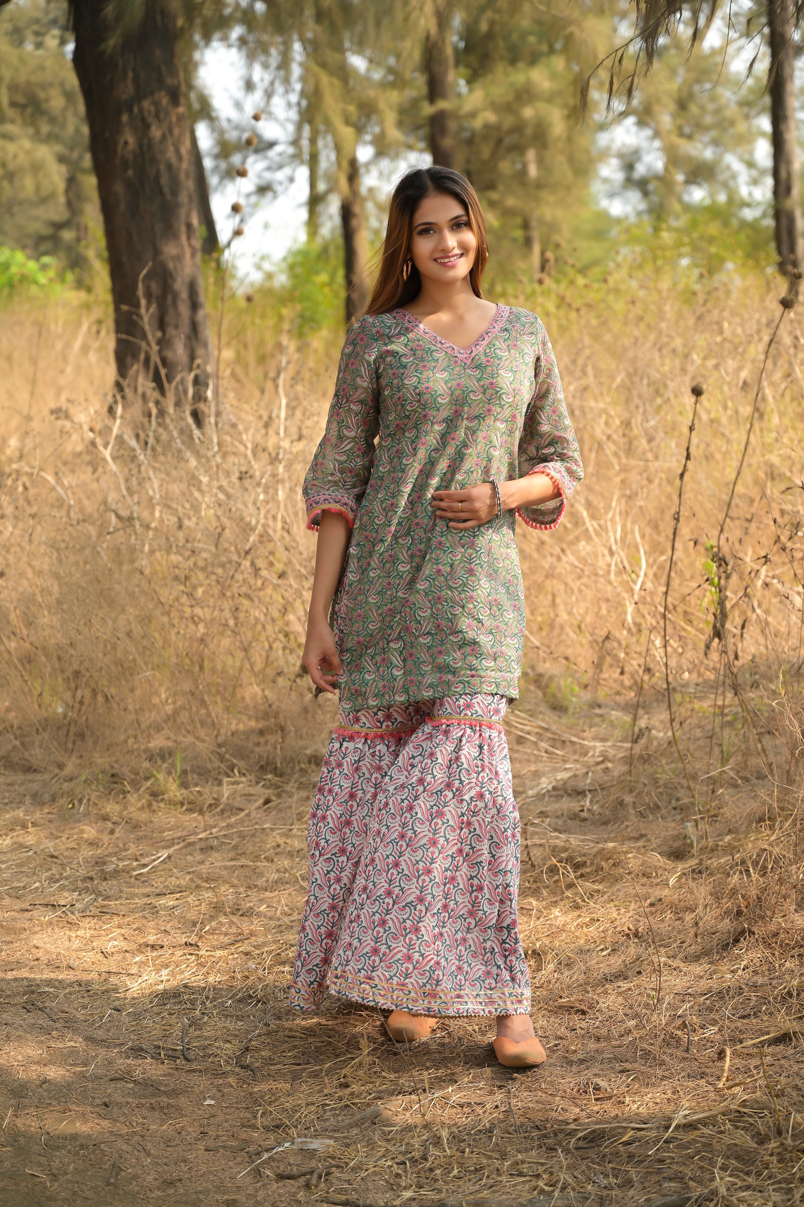 SmokeGreen Georgette Designer Heavy SalwarKameez Suit With Sharara Pants   Exotic India Art