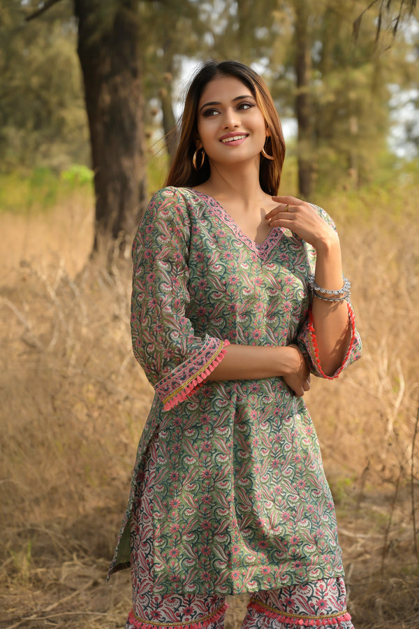 Peplum kurta front open with Sharara pants and dupatta with embroidere – Q  by Sonia Baderia