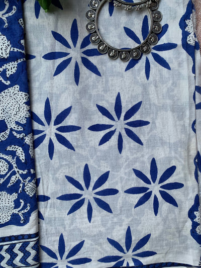 Royal Blue- White Unstitched Suit Set with Doria Dupatta