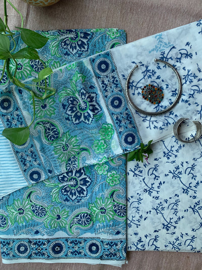 Blue-Green Unstitched Suit Set with Dupatta