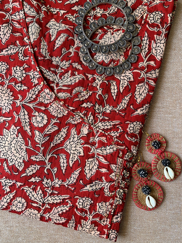 Maroon Bagru Angrakha Cotton Kurta-S, XL, XXL