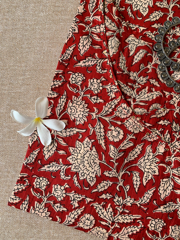 Maroon Bagru Angrakha Cotton Kurta-S, XL, XXL