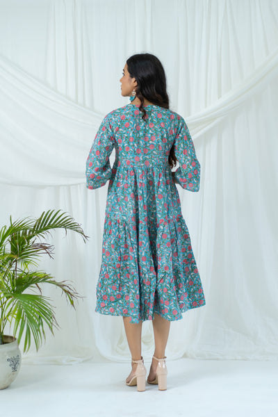 Blue Floral Tiered Cotton Dress