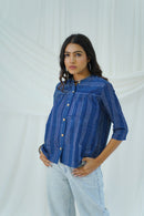 Hand Block Printed Indigo Dabu Striped Shirt