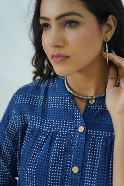 Hand Block Printed Indigo Dabu Striped Shirt