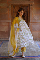 Mughal Hand Block Printed Yellow White suit set