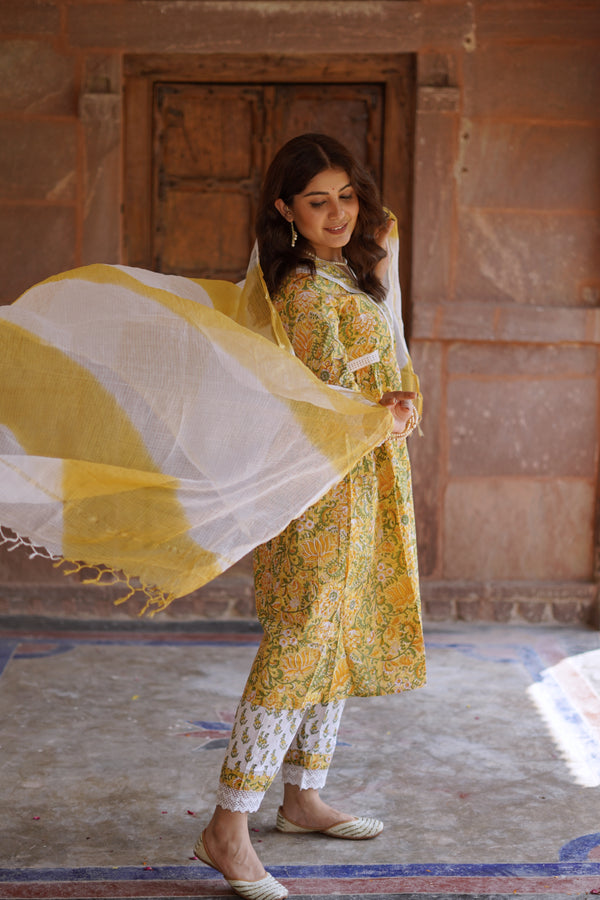 Yellow cotton chanderi straight kurta set with all-over off white silk –  Kora India