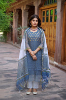 Blue Hand Block Printed Kota Doriya Suit Set