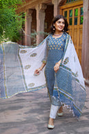 Blue Hand Block Printed Kota Doriya Suit Set