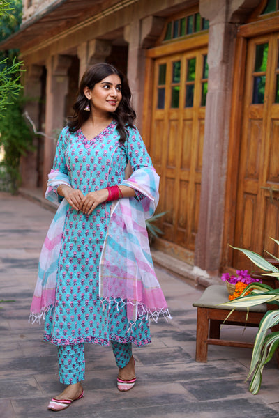 "Amora" Sky Blue Cotton Suit Set- XS