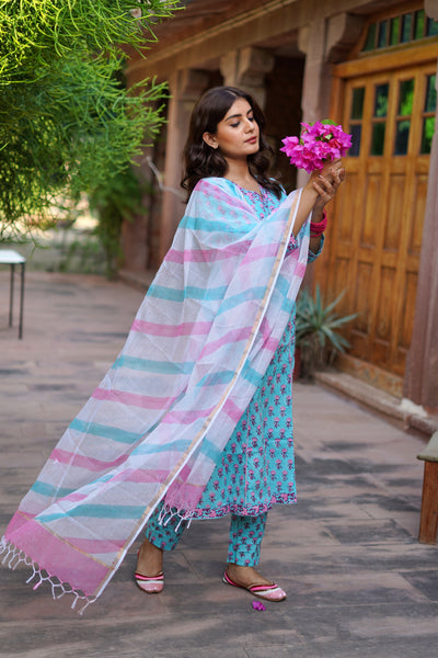 "Amora" Sky Blue Cotton Suit Set- XS