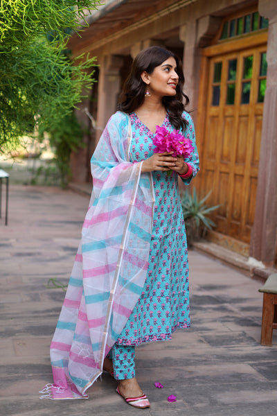 "Amora" Sky Blue Cotton Suit Set- XS