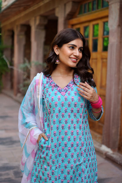 "Amora" Sky Blue Cotton Suit Set- XS