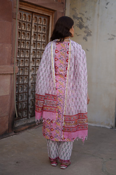 Pink "Pakeezah" Floral Suit Set with Kota Doriya Dupatta - Set of 3