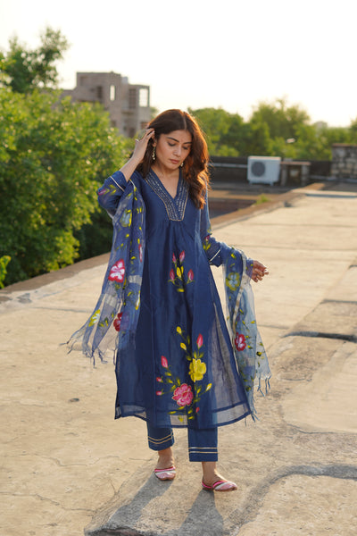 Hand Painted Blue Chanderi Suit Set