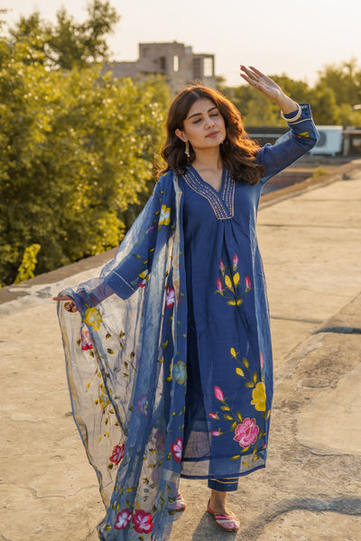 Hand Painted Blue Chanderi Suit Set