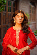 "Jashn" Hand Embroidered Red Chanderi Kurta set (3 pc)