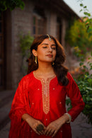 "Jashn" Hand Embroidered Red Chanderi Kurta set (3 pc)