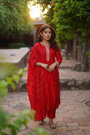 "Jashn" Hand Embroidered Red Chanderi Kurta set (3 pc)