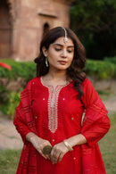 "Jashn" Hand Embroidered Red Chanderi Kurta set (3 pc)