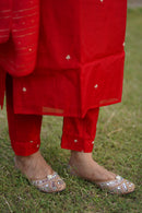 "Jashn" Hand Embroidered Red Chanderi Kurta set (3 pc)